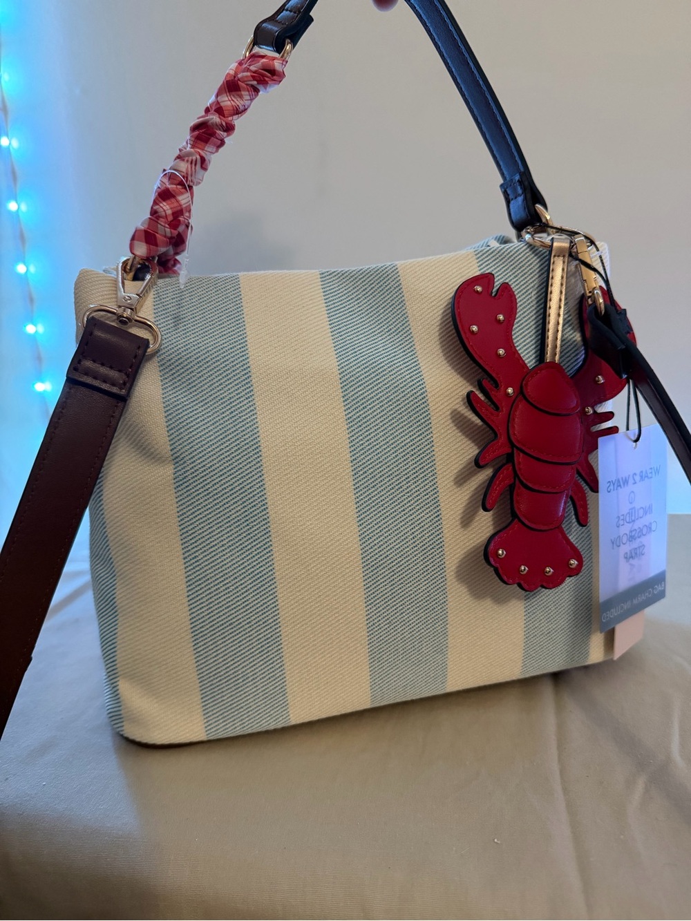 Striped Blue & White Tote with Red Lobster Charm - Women Bags